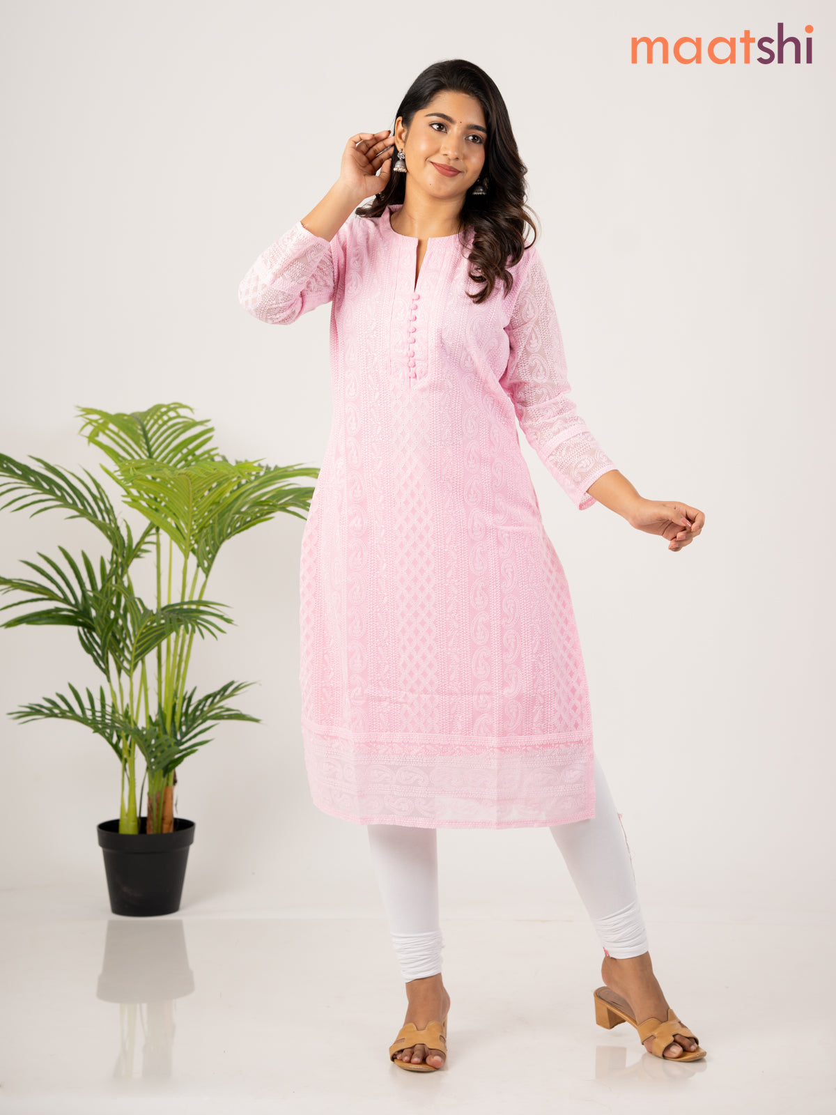 Semi georgette kurti light pink with allover chikankari work without pant