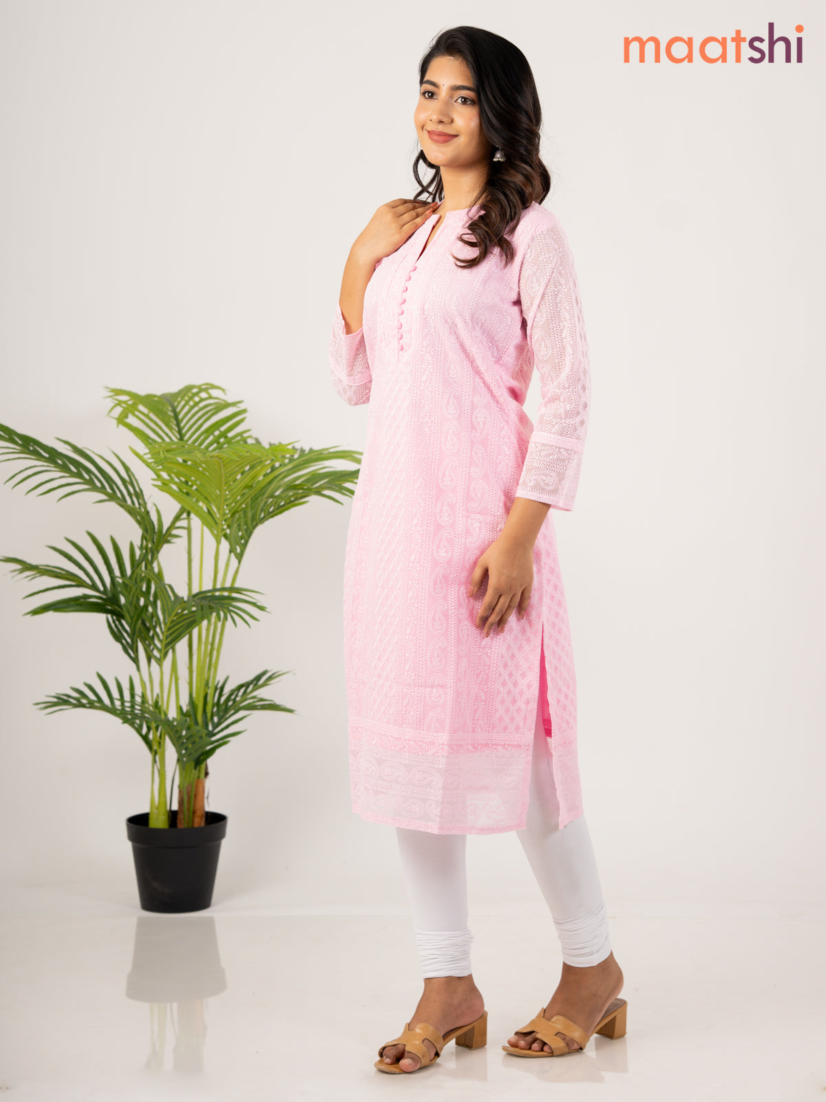 Semi georgette kurti light pink with allover chikankari work without pant