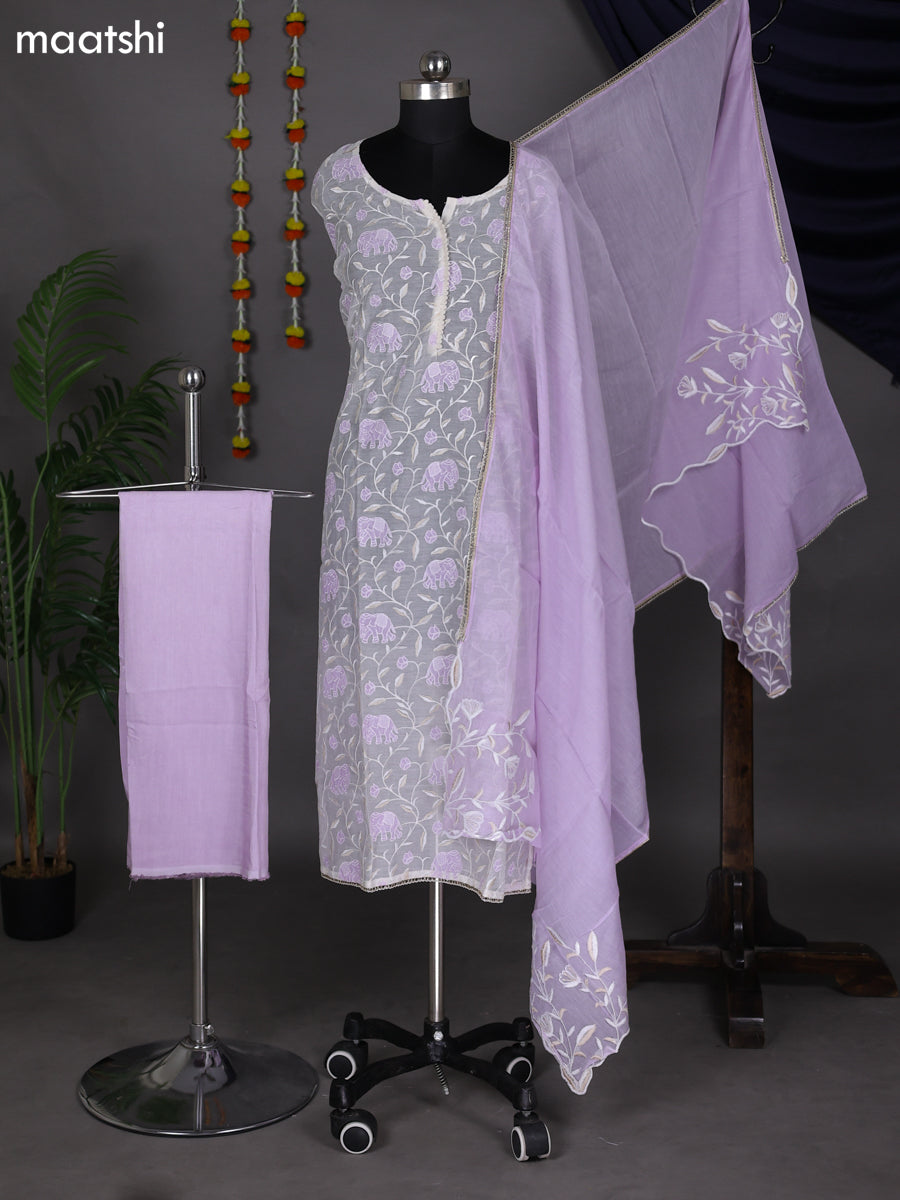 Off White and Lavender Semi Stitch Mul Chanderi Dress Material With Em –  Maatshi