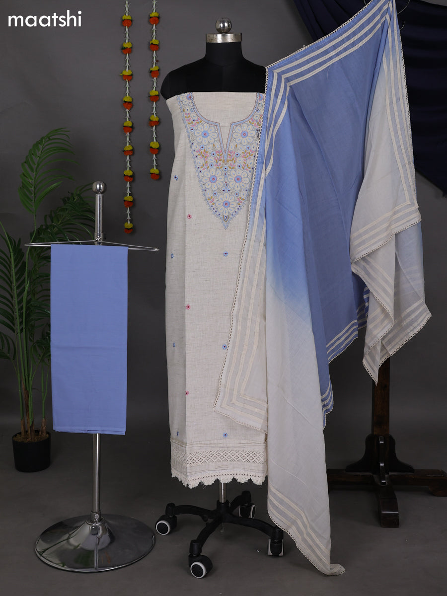 Beige and Blue Cotton Dress Material With Embroidery Work Neck Pattern –  Maatshi