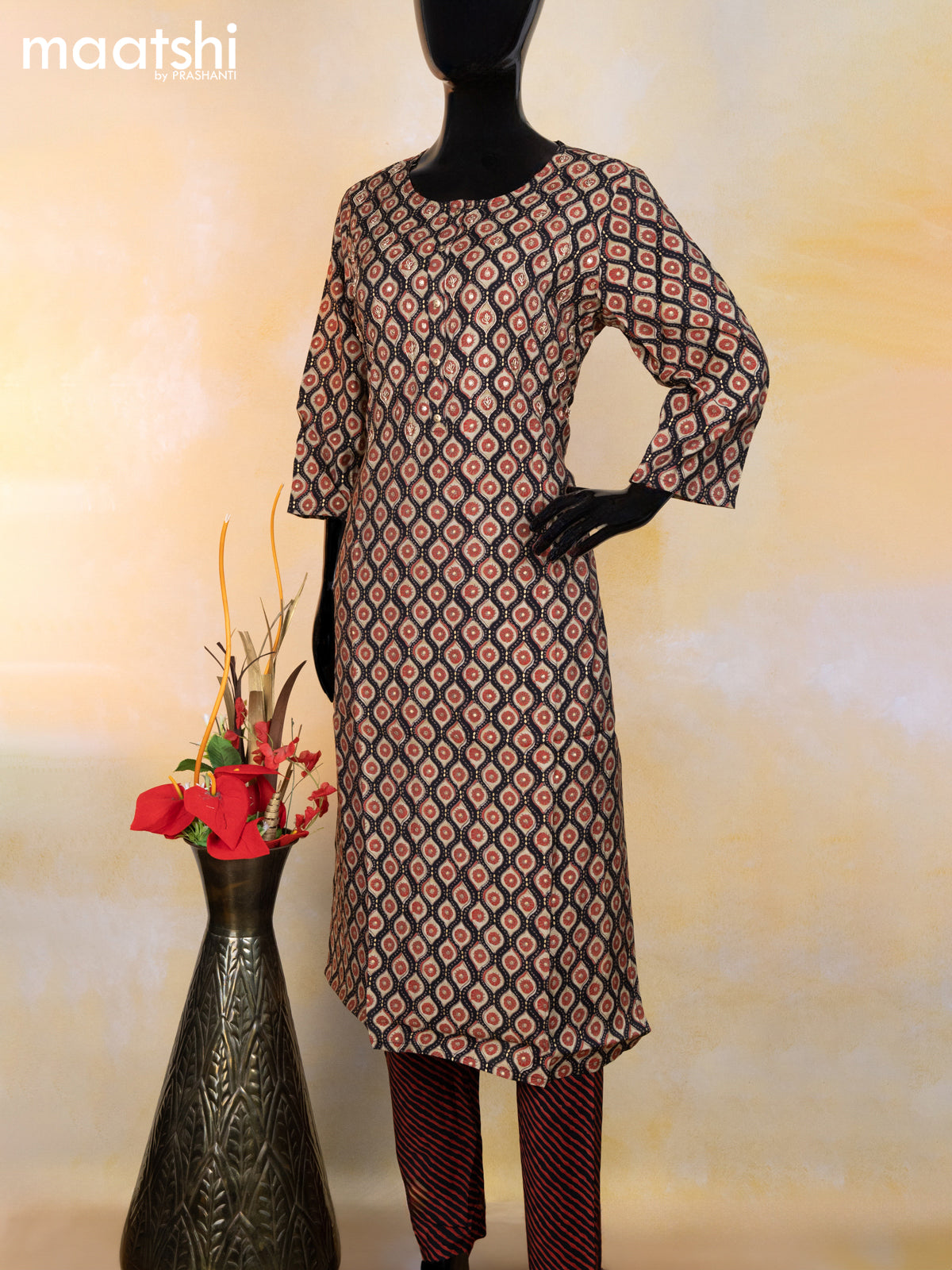 Modal readymade salwar suit black and beige with allover butta prints & embroidery work simple neck pattern and bottom & chiffion dupatta