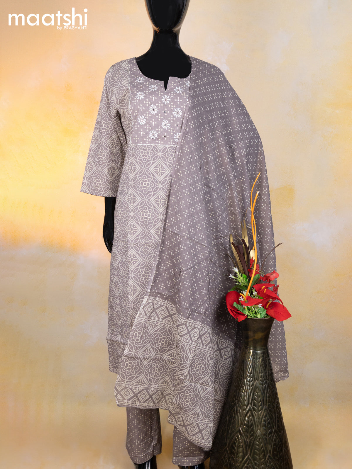 Cotton readymade salwar suit grey and beige with allover bandhani