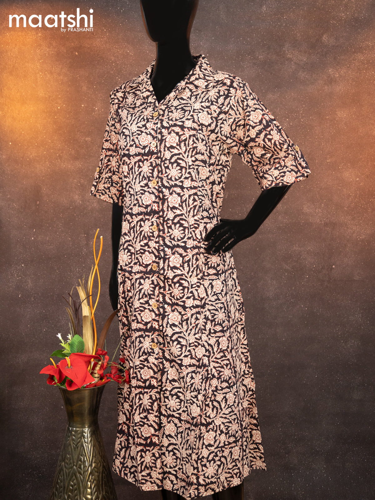Cotton readymade A-line kurti black and beige with allover kalamkari prints & simple neck pattern without pant