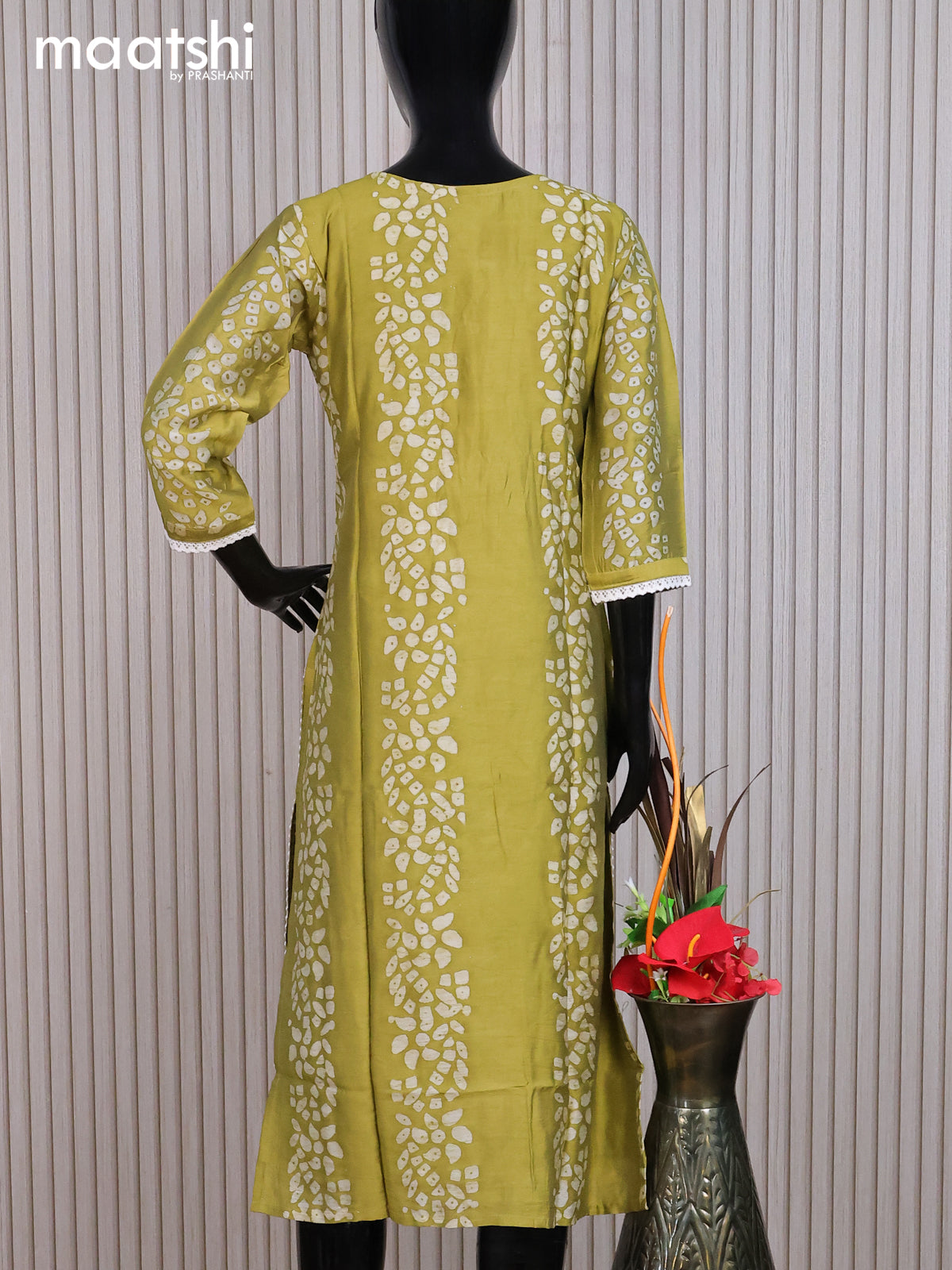 Chanderi readymade kurti mehendi green and off white with allover batik prints & embroidery mirror work neck pattern without pant