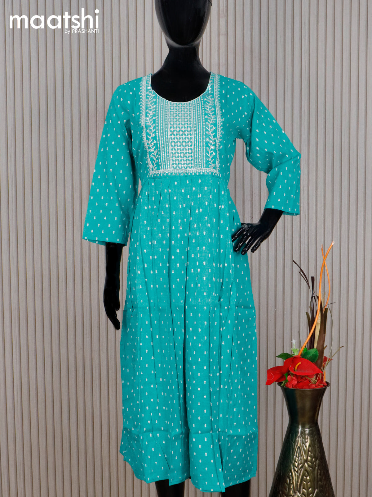 Cotton readymade umbrella kurti teal blue and off white with allover b –  Maatshi