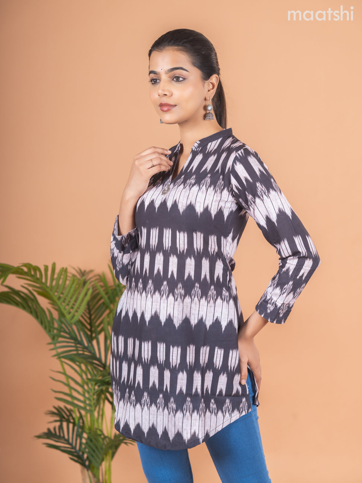 Cotton readymade short kurti black and beige with allover ikat peints & simple neck pattern without pant