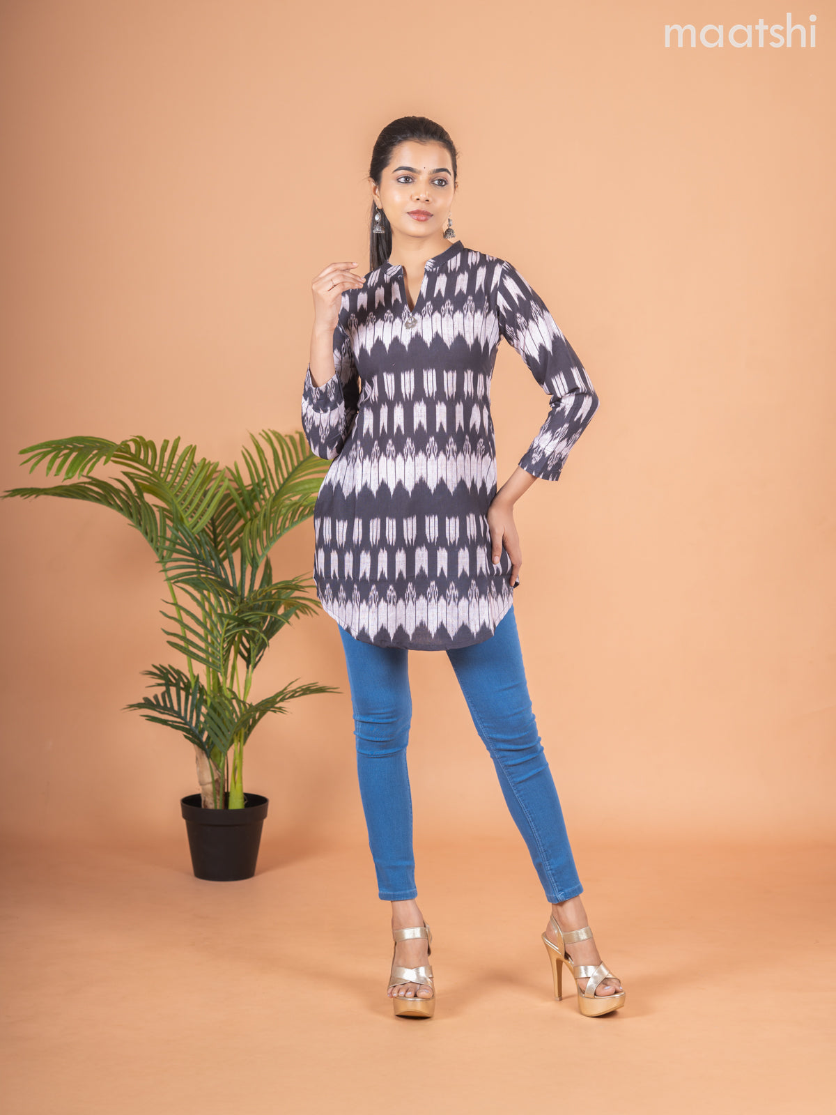 Cotton readymade short kurti black and beige with allover ikat peints & simple neck pattern without pant