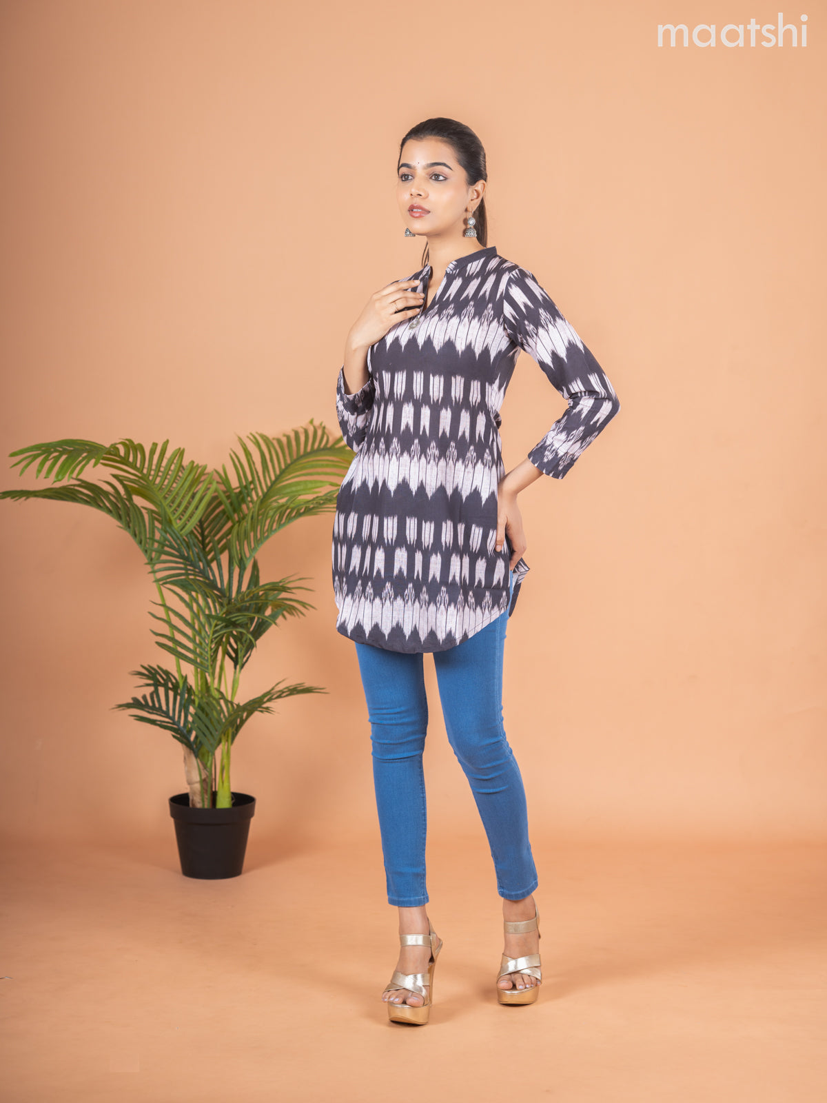 Cotton readymade short kurti black and beige with allover ikat peints & simple neck pattern without pant