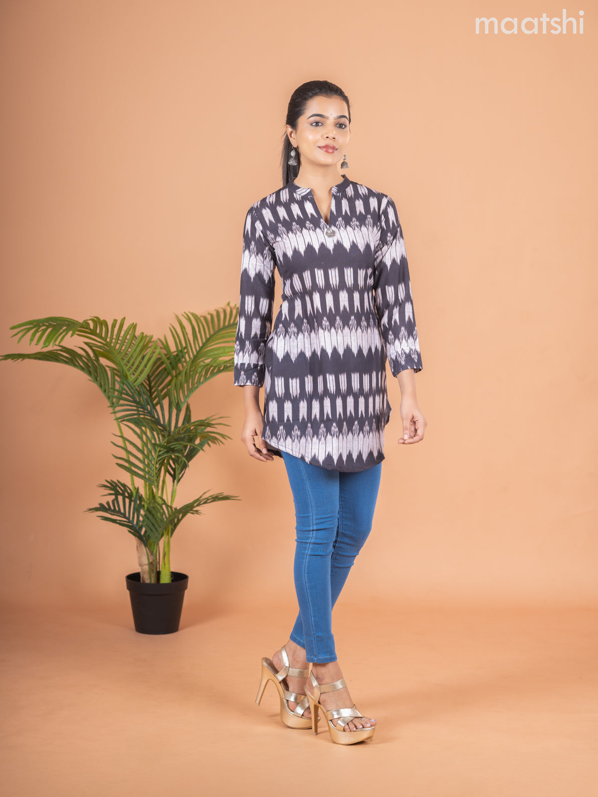 Cotton readymade short kurti black and beige with allover ikat peints & simple neck pattern without pant