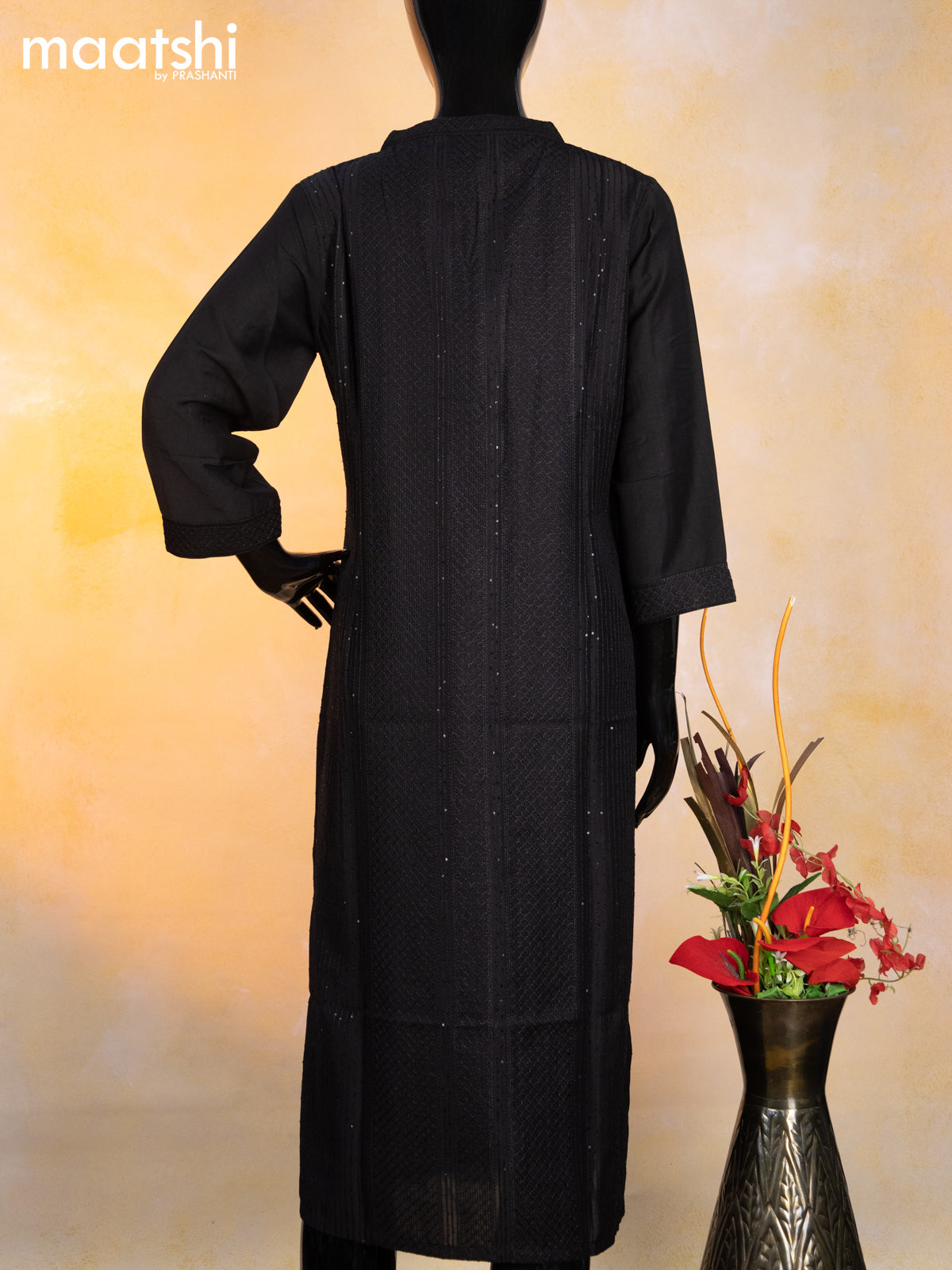 Modal readymade kurti black with allover embroidery work & simple neck pattern without pant