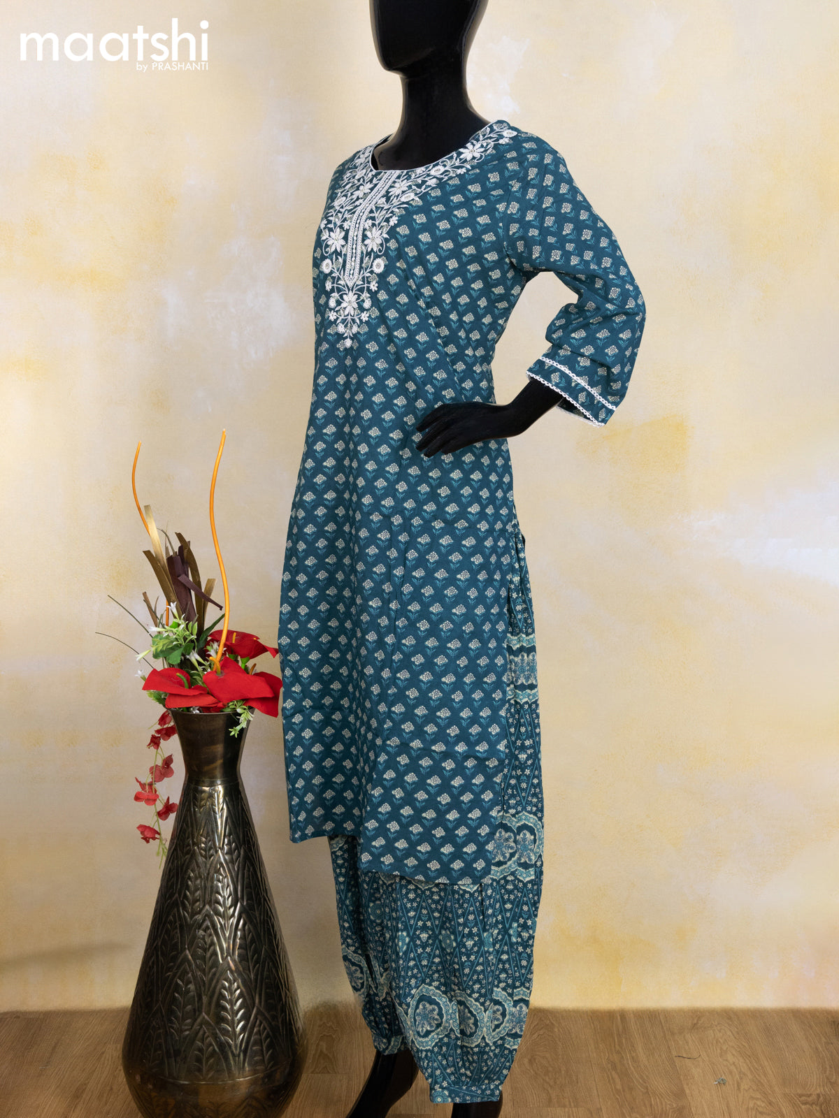 Cotton readymade salwar suit peacock green with allover butta prints & embroidery sequin work neck pattern and bottom & cotton dupatta