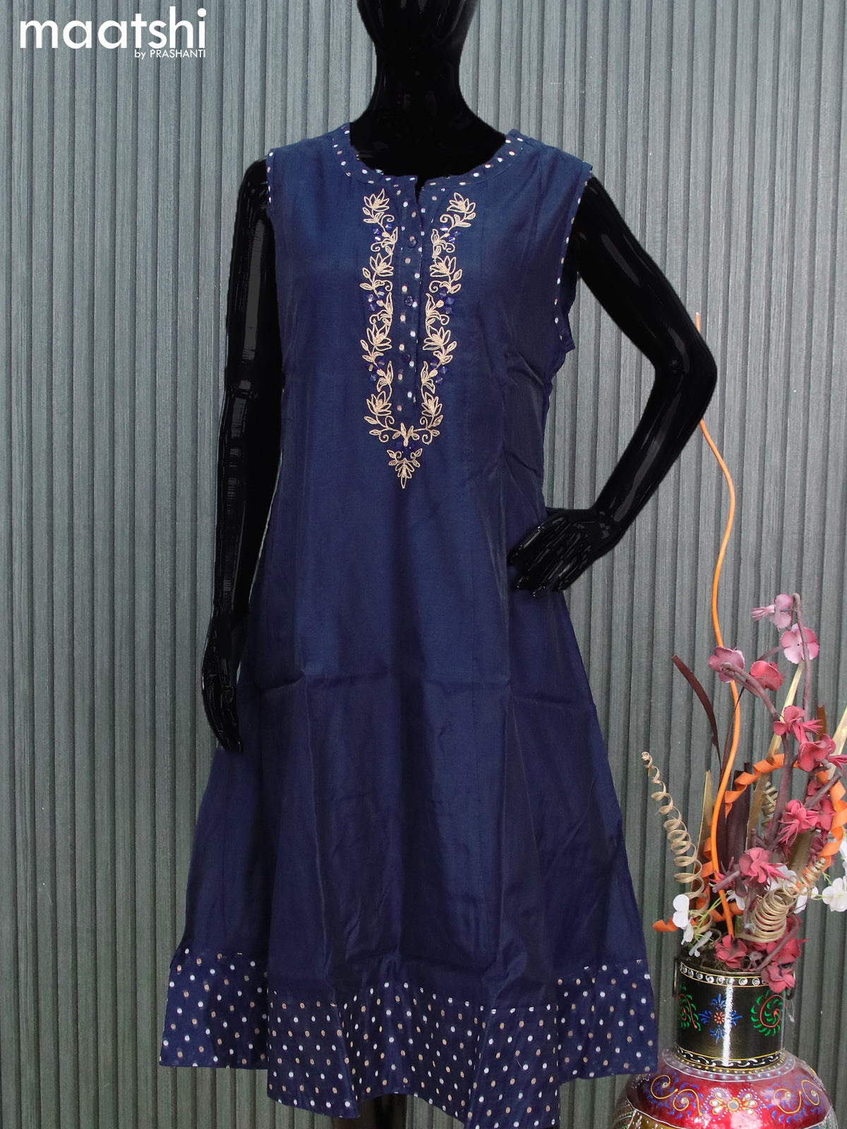 Chanderi anarkali kurti blue with embroidery work neck pattern sleeve attached without pant