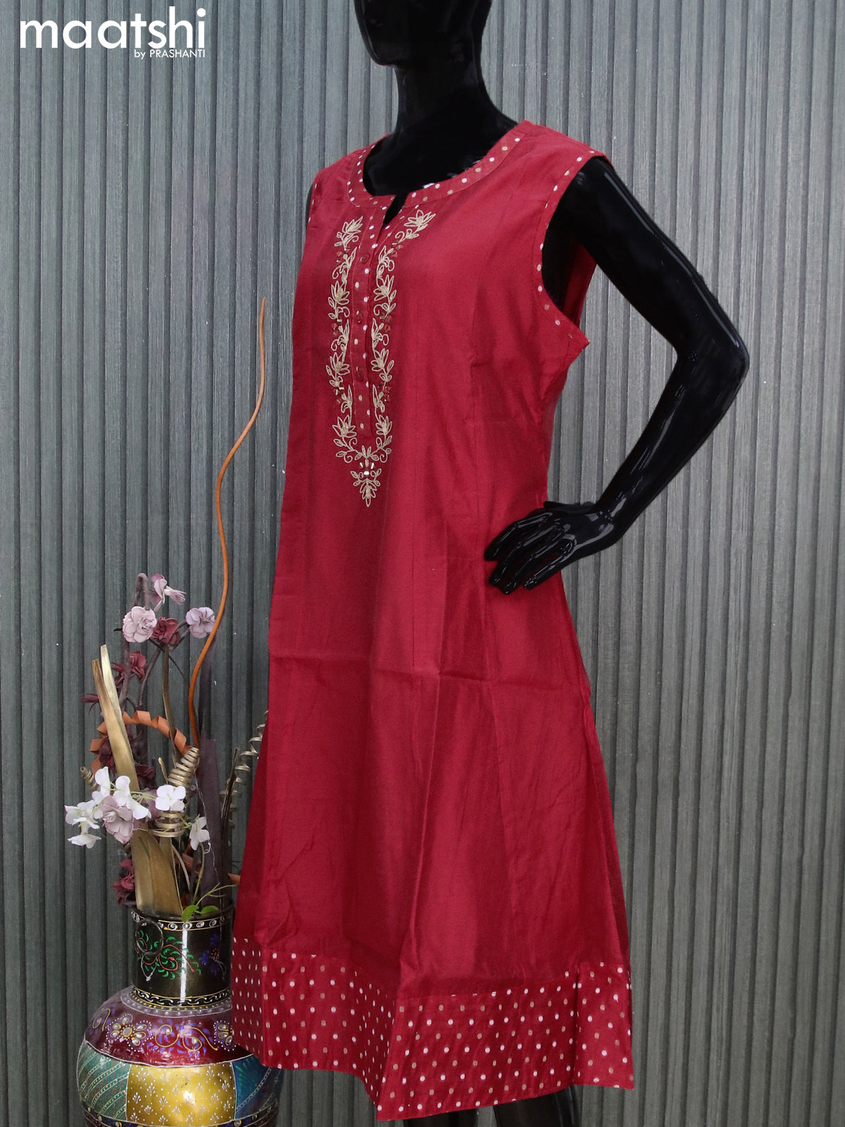 Chanderi anarkali kurti red with embroidery work neck pattern sleeve attached without pant