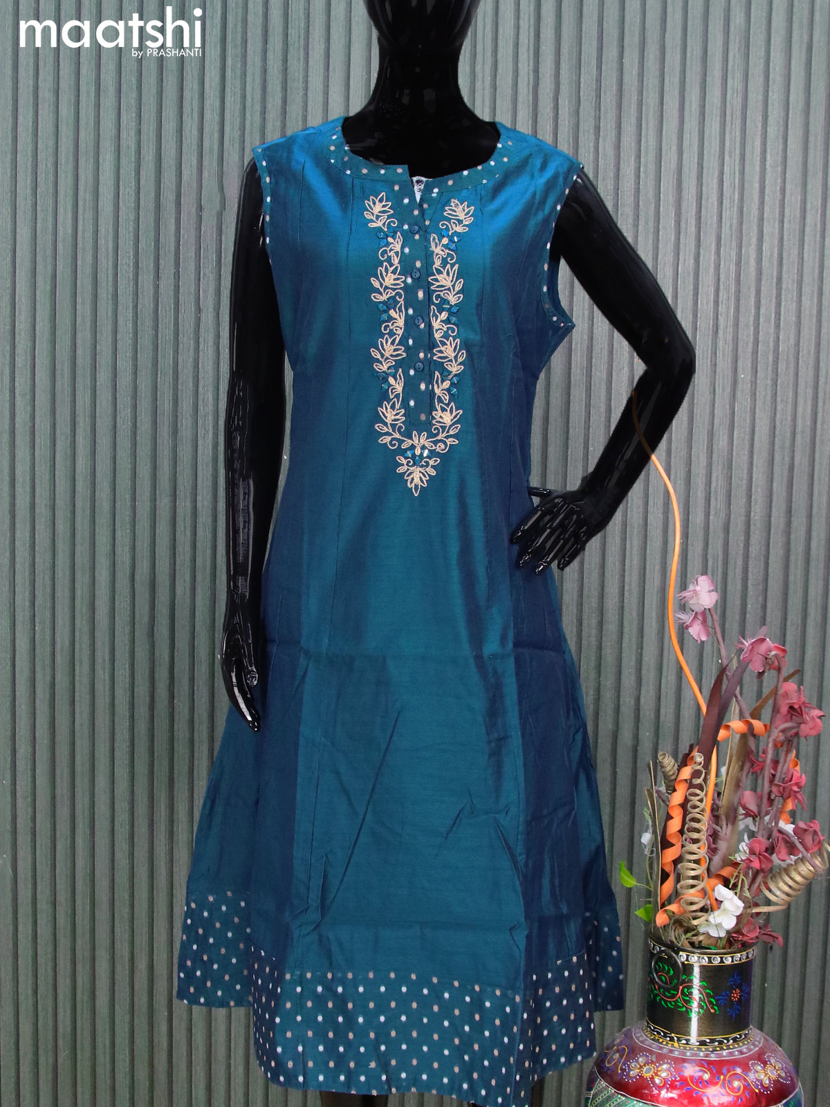 Chanderi anarkali kurti peacock blue with embroidery work neck pattern sleeve attached without pant