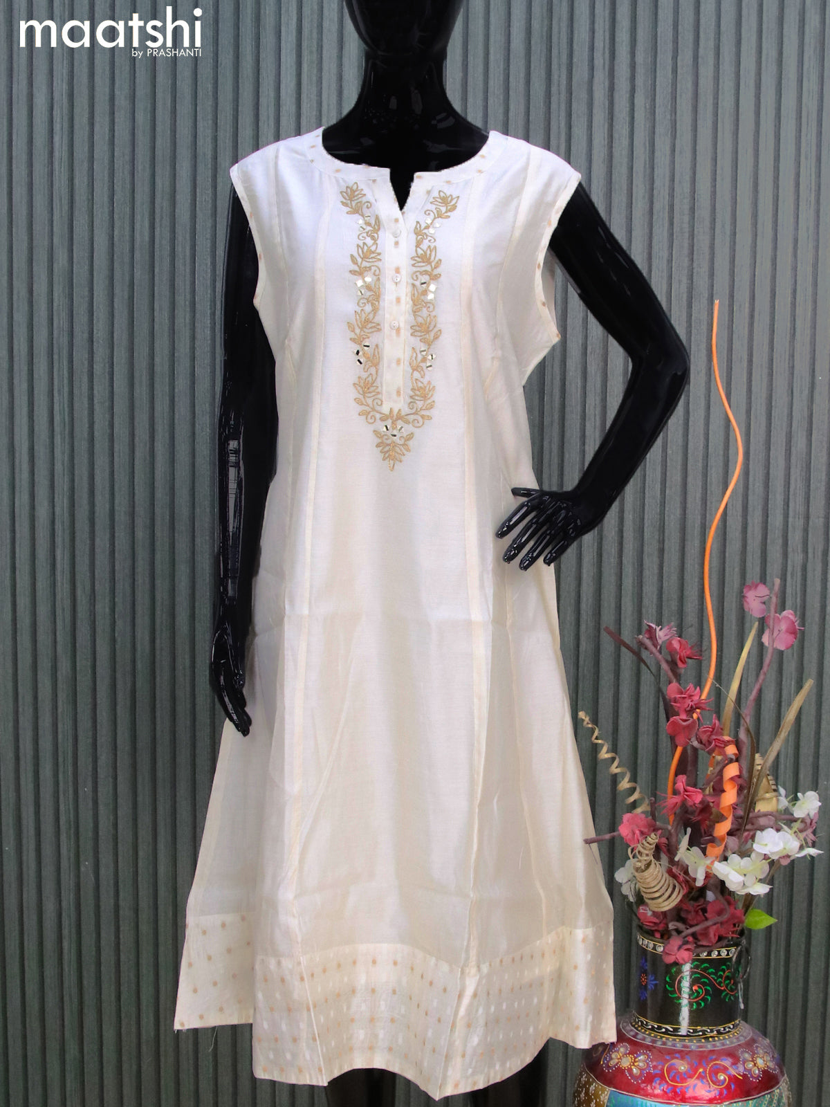 Chanderi anarkali kurti off white with embroidery work neck pattern sleeve attached without pant