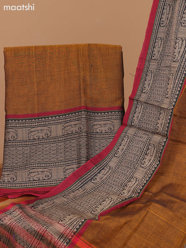 Dual Shade Of Mustard and Maroon Narayanpet Cotton Dress Material With Plain Body & Thread Woven Border and Running Bottom & Dupatta