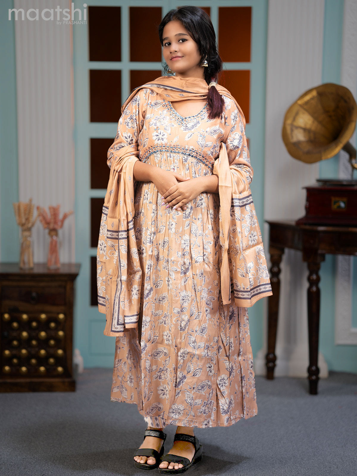 Muslin readymade alia cut salwar sutis pastel peach with allover floral prints & mirror work neck pattern and straight cut pant & printed dupatta