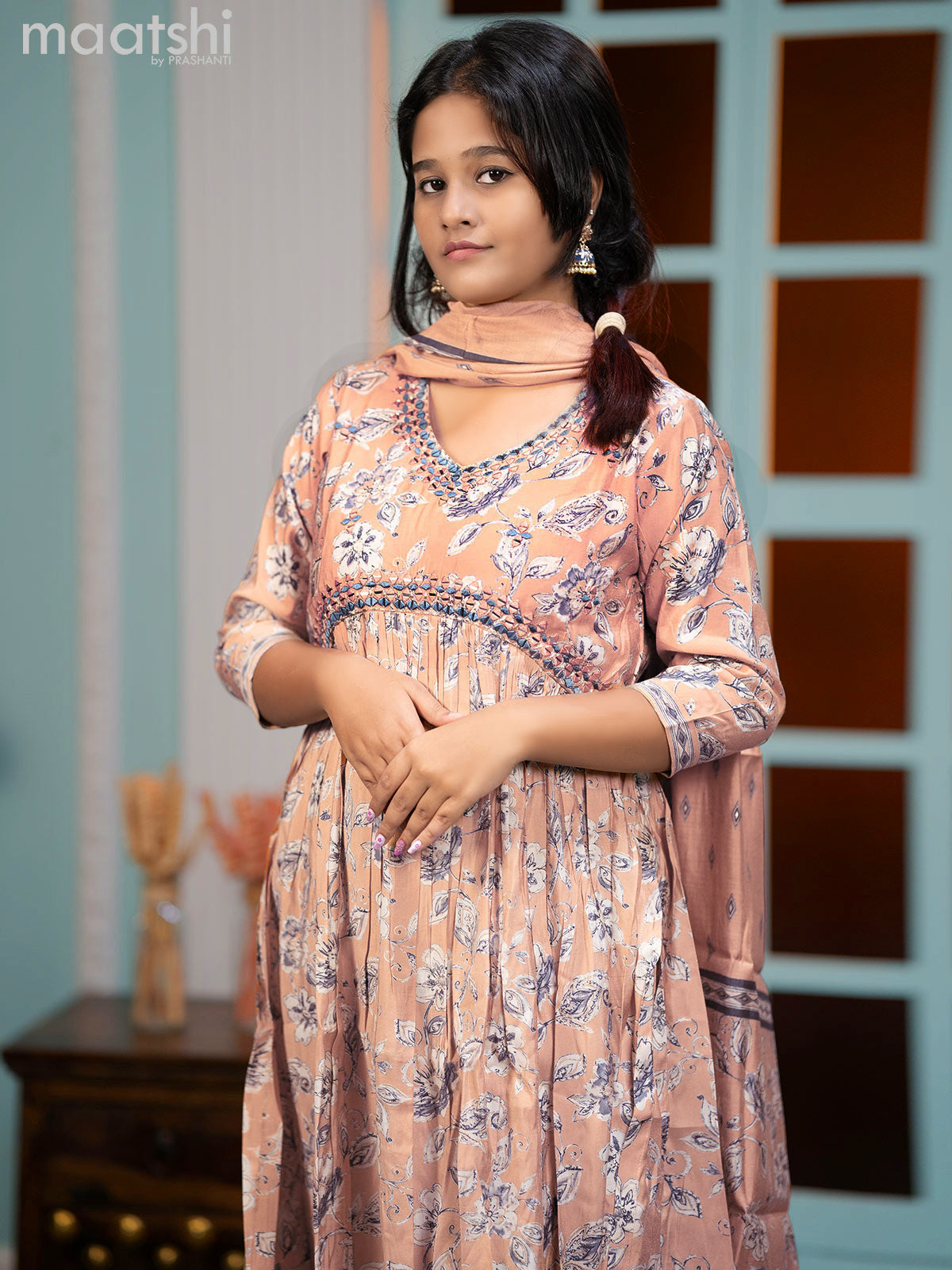 Muslin readymade alia cut salwar sutis pastel peach with allover floral prints & mirror work neck pattern and straight cut pant & printed dupatta