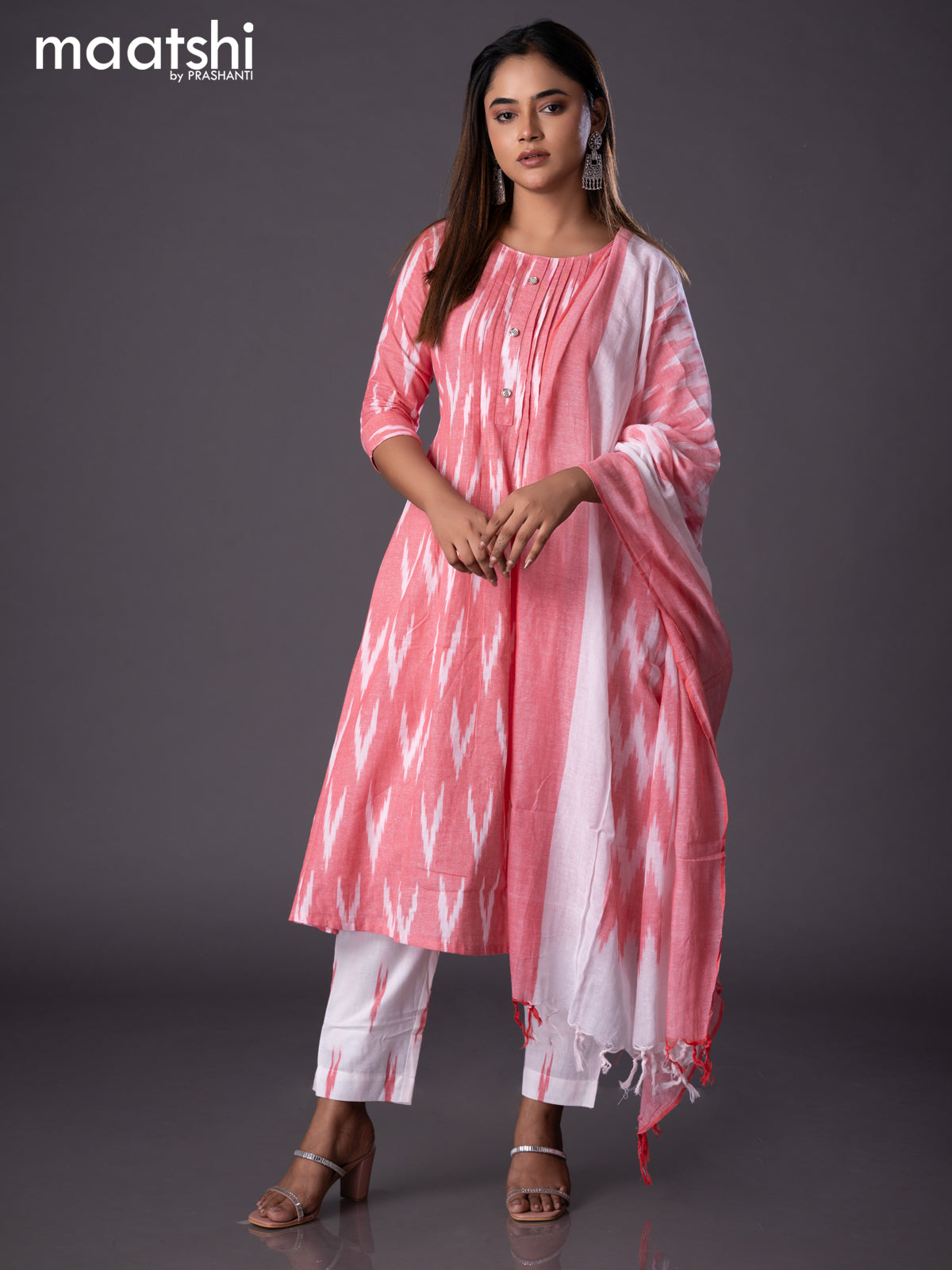 Cotton readymade A line salwar suit red shade and off white with allov Maatshi