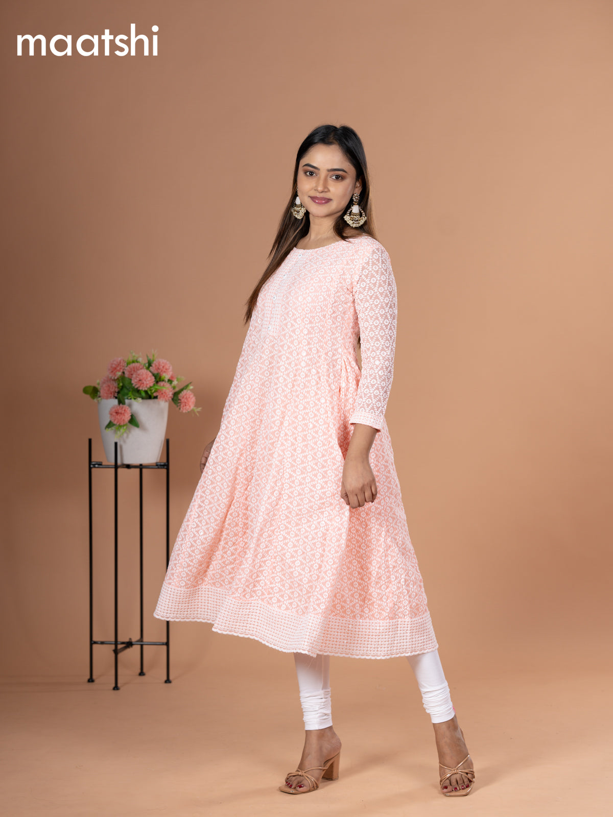 Georgette readymade anarkali kurti peach shade with allover chikankari work & simple neck pattern and without pant