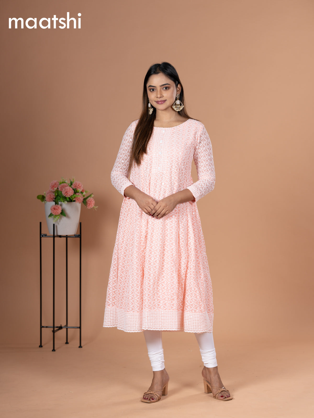 Georgette readymade anarkali kurti peach shade with allover chikankari work & simple neck pattern and without pant