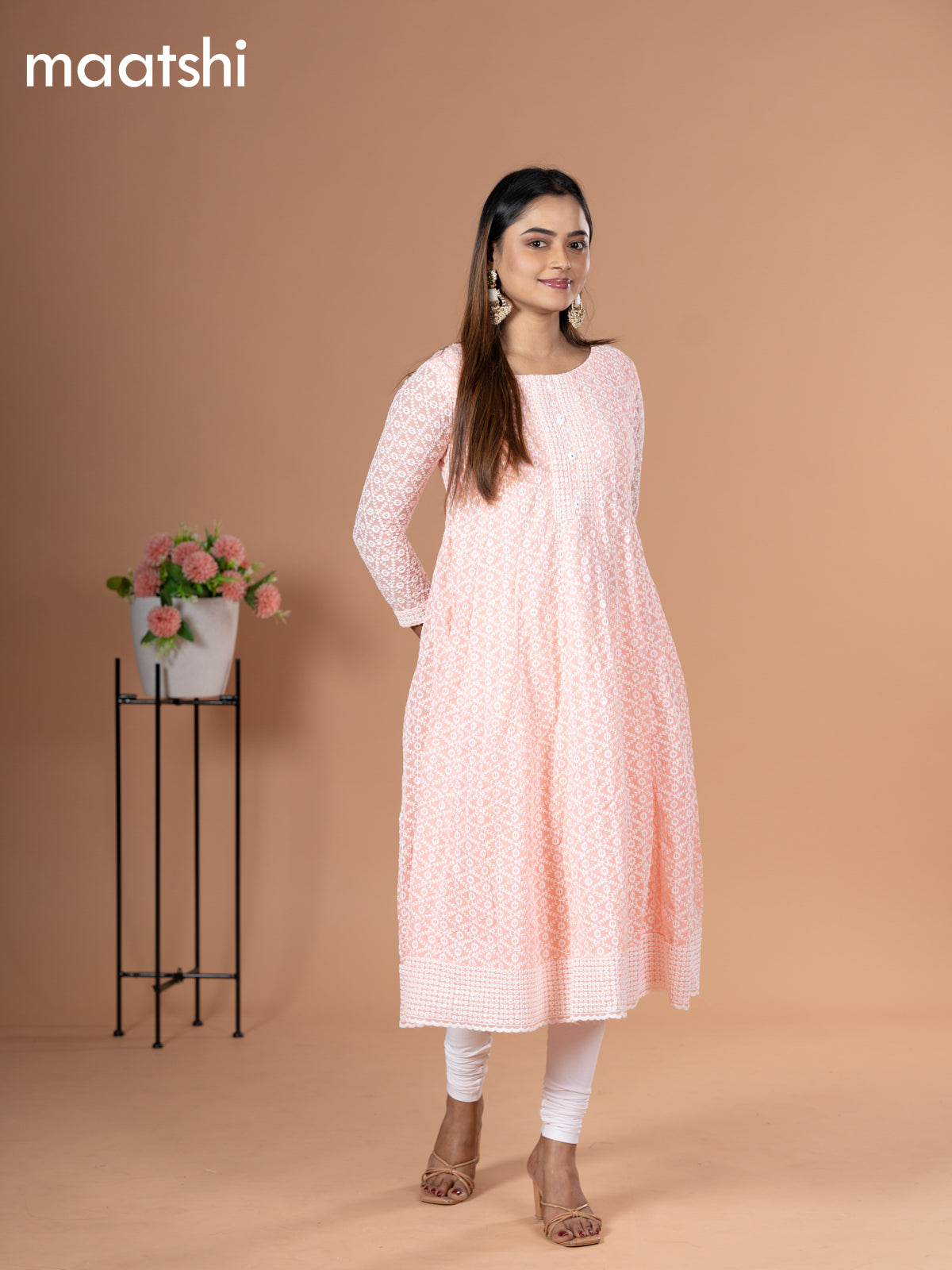 Georgette readymade anarkali kurti peach shade with allover chikankari work & simple neck pattern and without pant