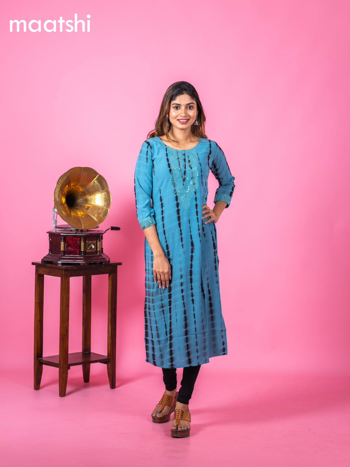 Chiffon kurti blue with tie and dye prints & sequin work neck pattern and without pant
