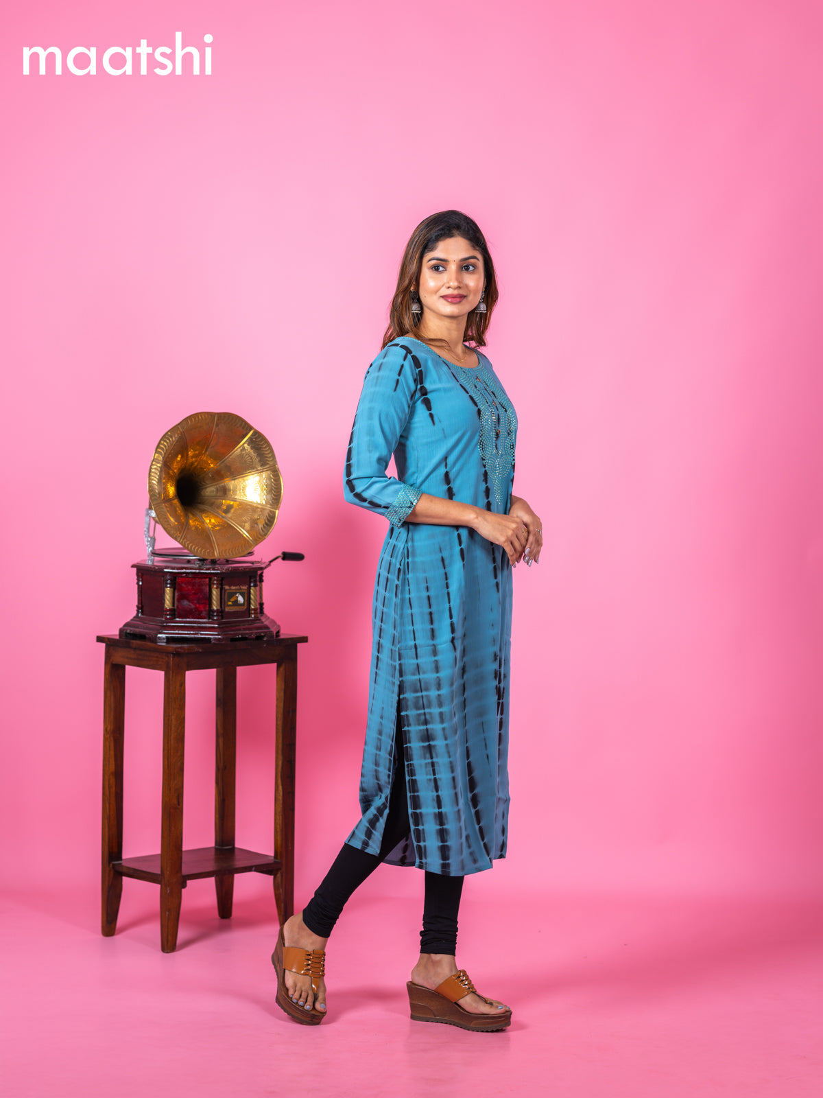 Chiffon kurti blue with tie and dye prints & sequin work neck pattern and without pant
