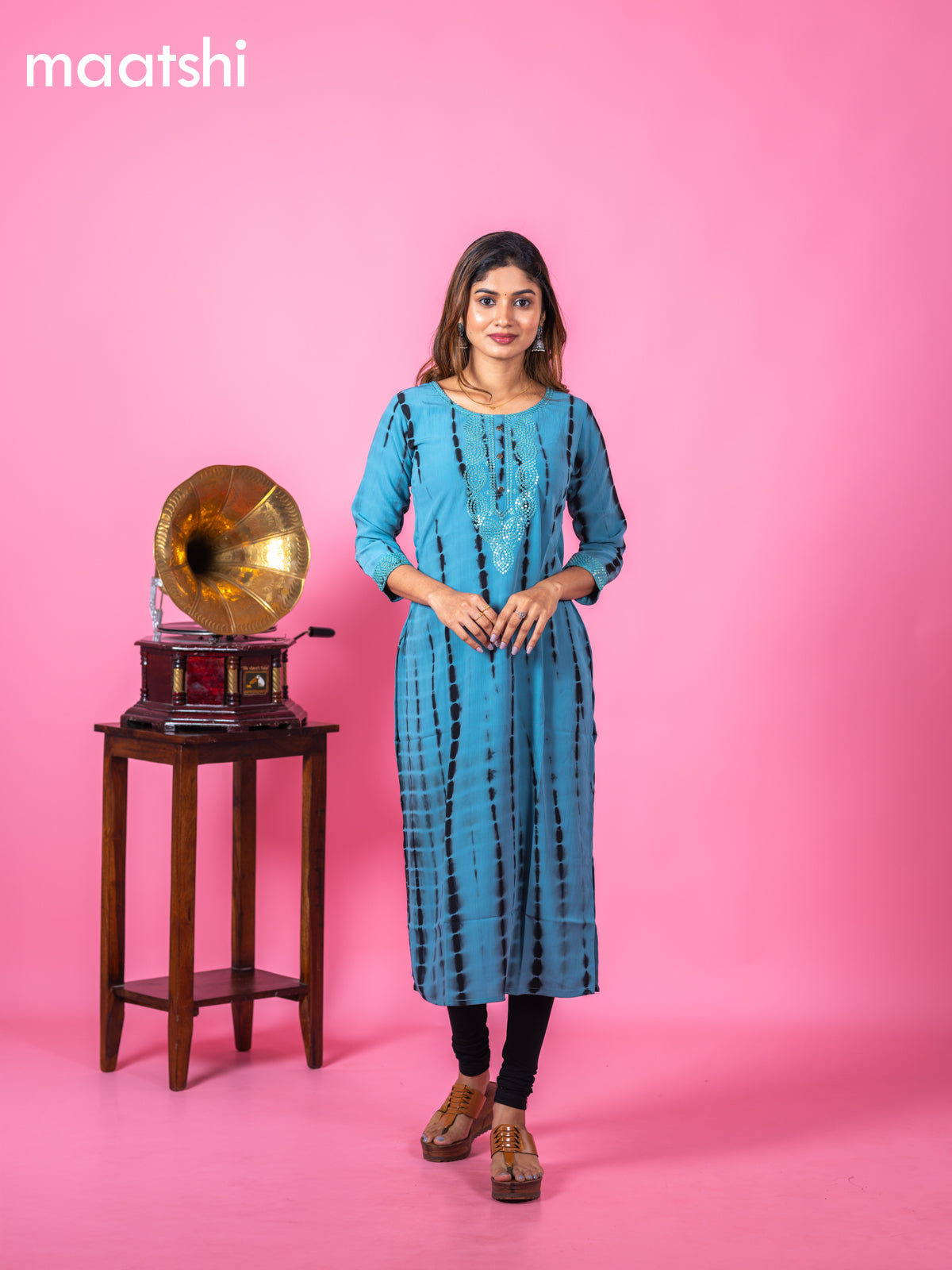 Chiffon kurti blue with tie and dye prints & sequin work neck pattern and without pant