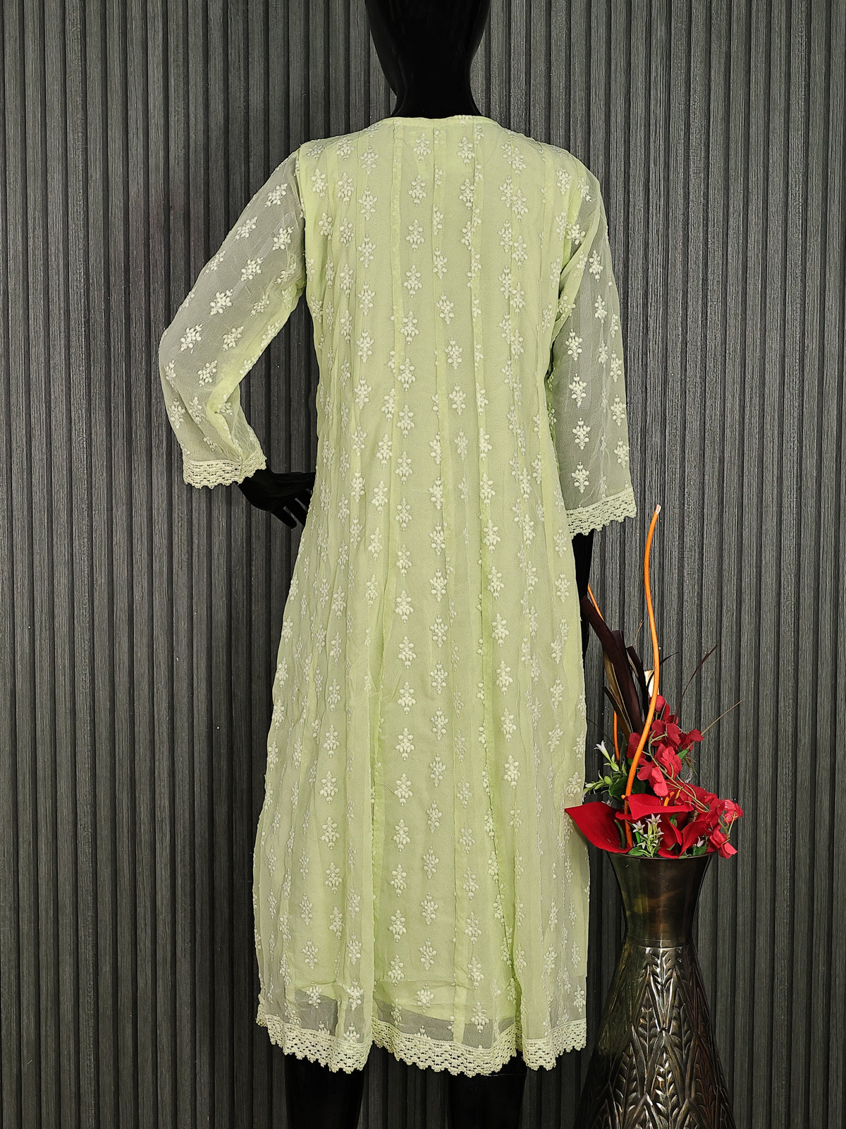 Semi georgette readymade anarkali kurti pista green with allover chikankari work & simple neck pattern without pant