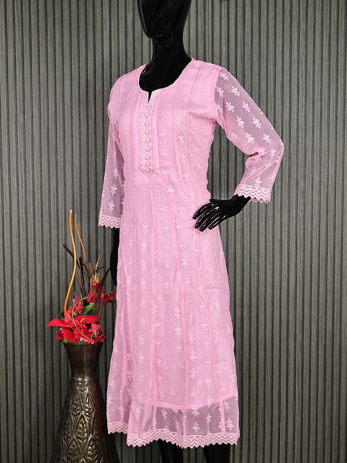 Semi georgette readymade anarkali kurti light pink with allover chikankari work & simple neck pattern without pant