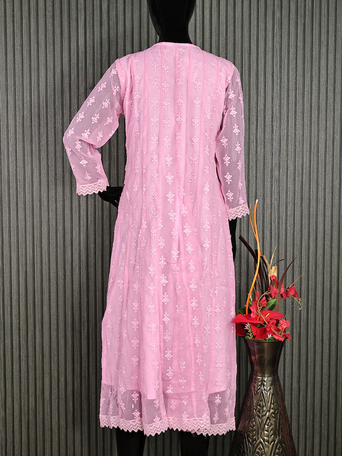 Semi georgette readymade anarkali kurti light pink with allover chikankari work & simple neck pattern without pant