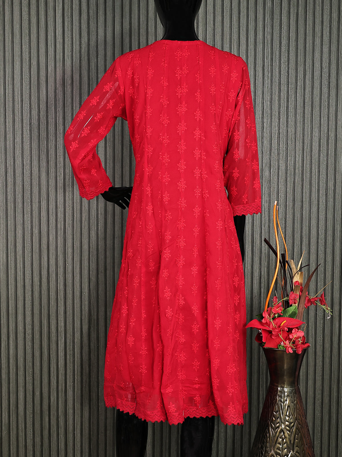 Semi georgette readymade anarkali kurti red with allover chikankari work & simple neck pattern without pant