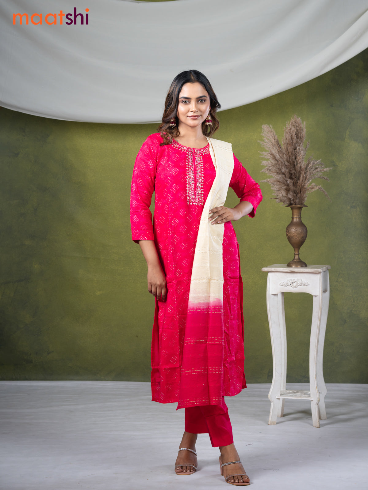 Muslin readymade salwar suit pink with allover prints & mirror embroidery work neck pattern and straight cut pant & dupatta