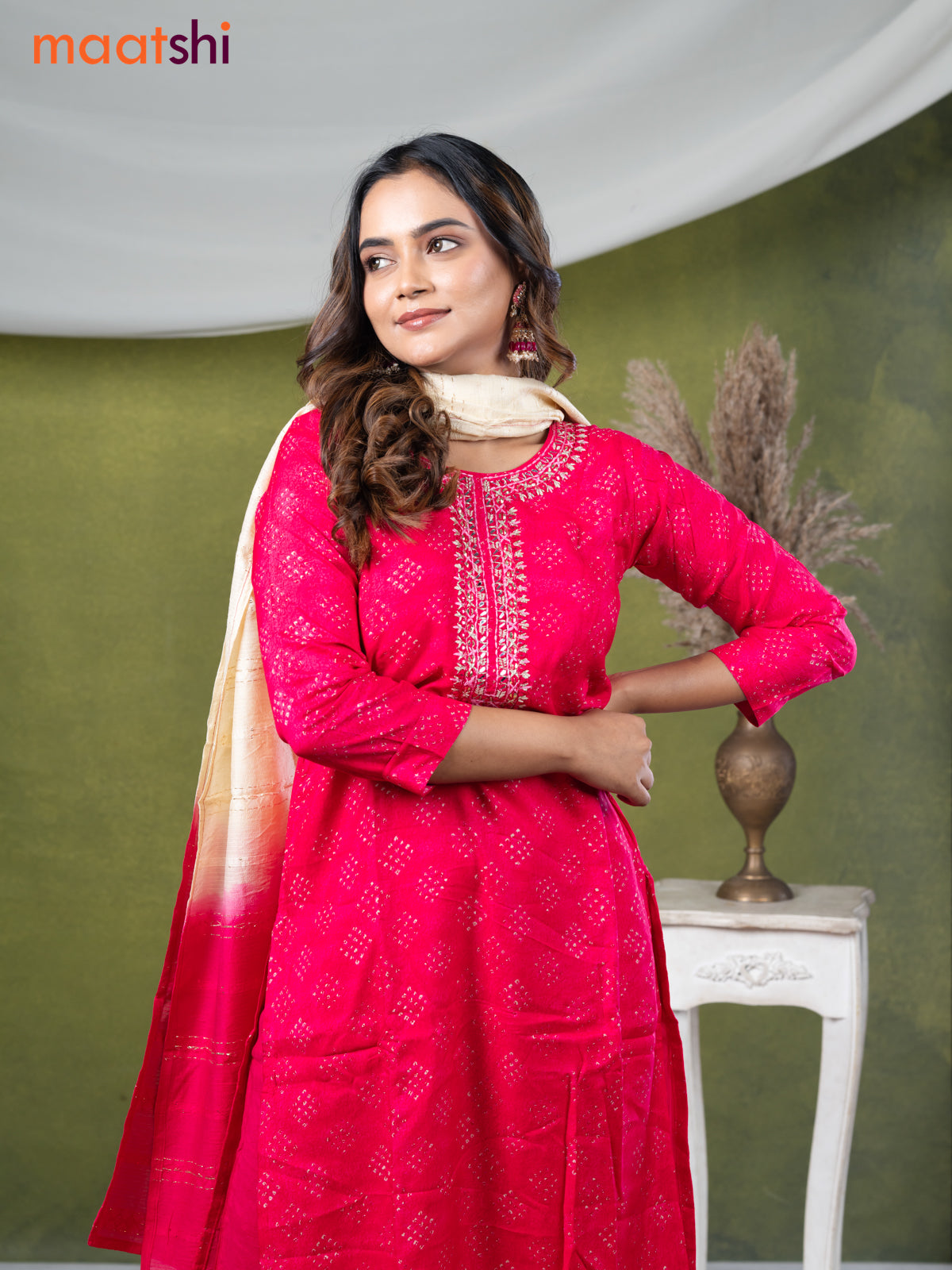 Muslin readymade salwar suit pink with allover prints & mirror embroidery work neck pattern and straight cut pant & dupatta