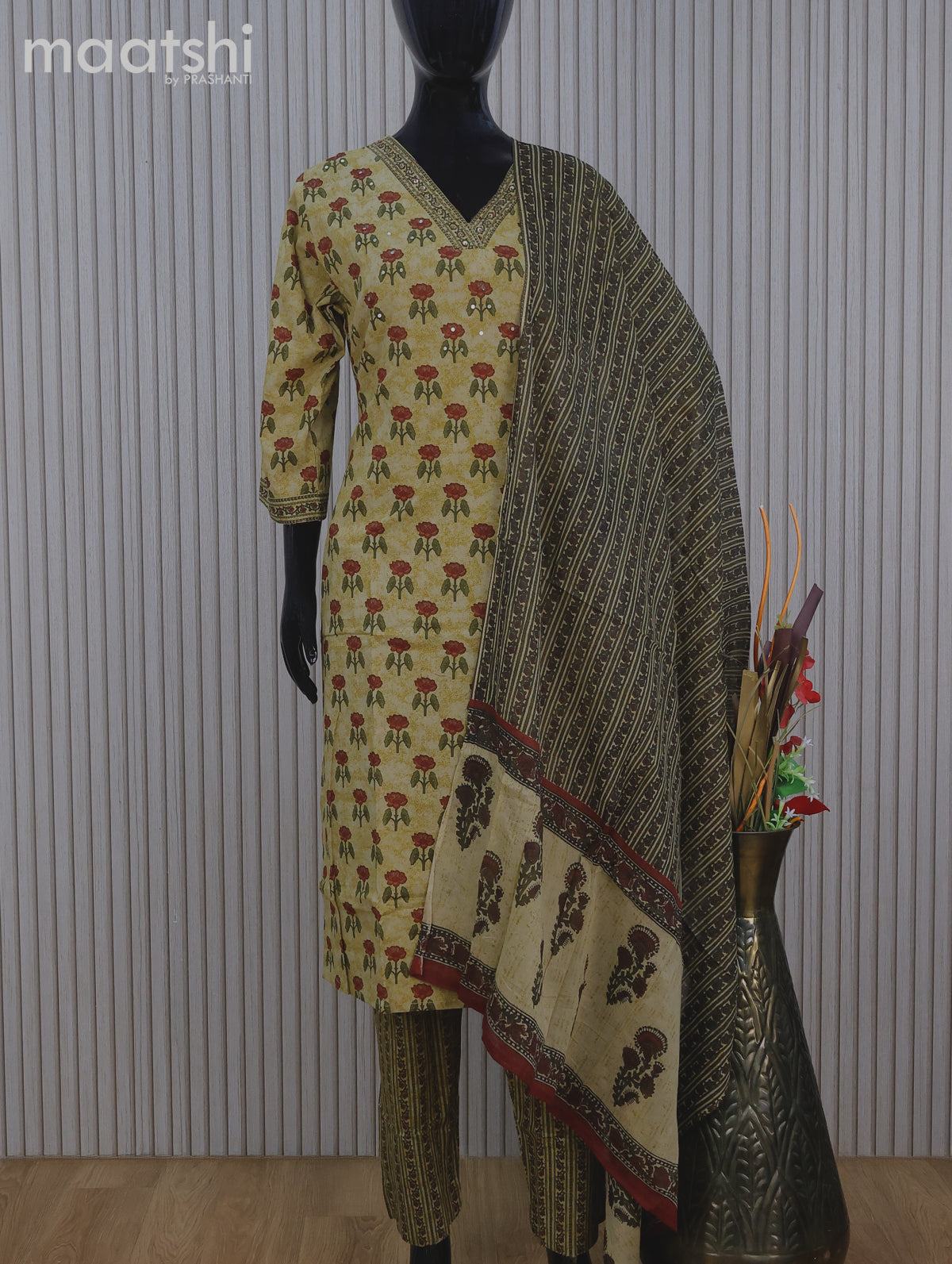 Cotton readymade salwar suit mustard shade with allover floral butta prints & v neck pattern and stright cut pant & dupatta