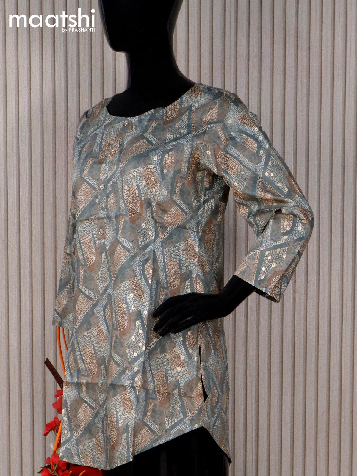Modal readymade short kurti grey with allover prints without pant