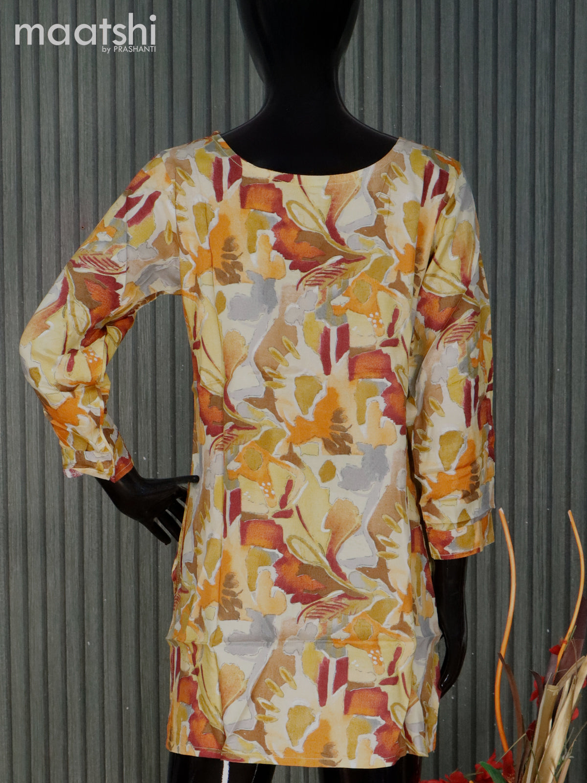 Modal readymade short kurti mustard yellow with allover prints without pant