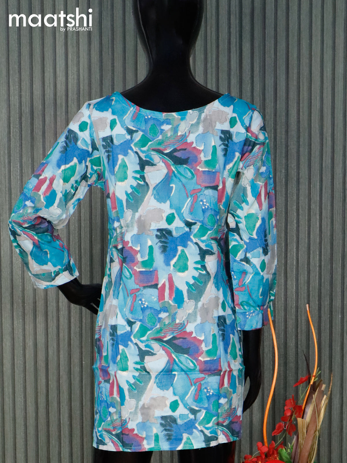 Modal readymade short kurti light blue with allover prints without pant