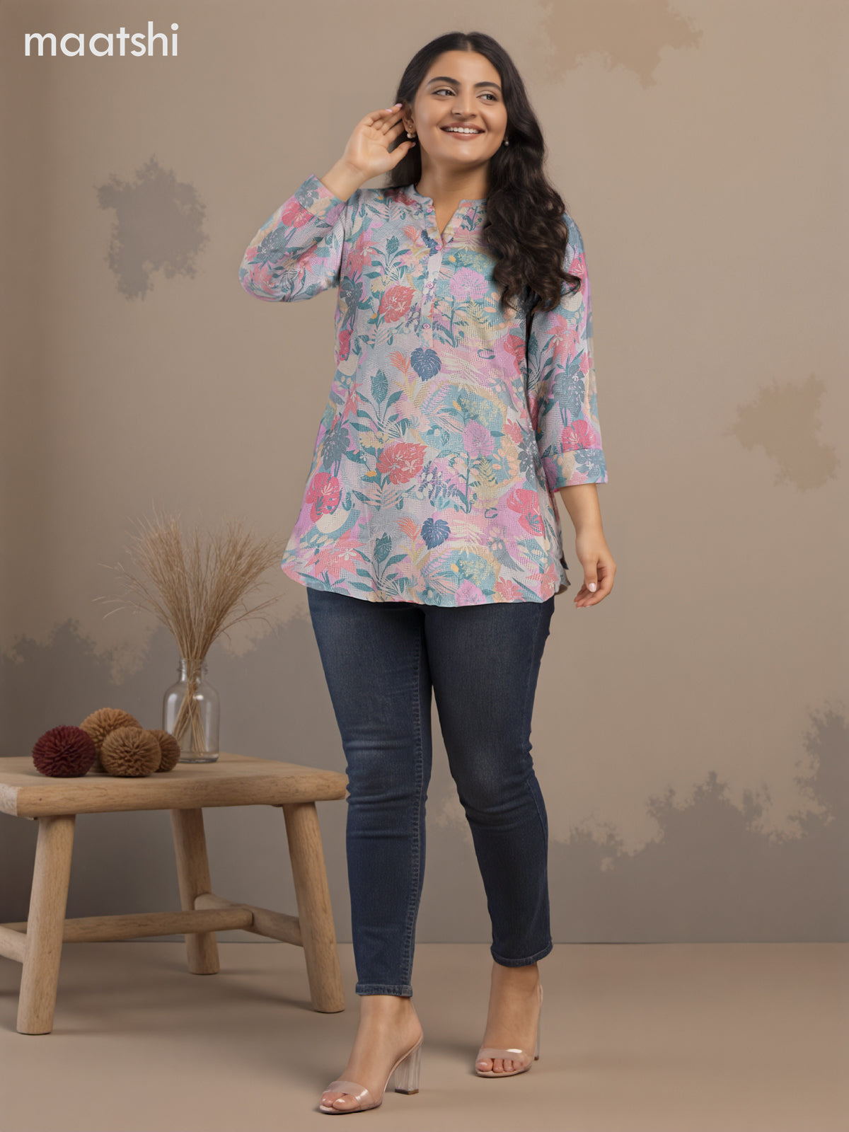 Cotton readymade short kurti grey with allover prints without pant