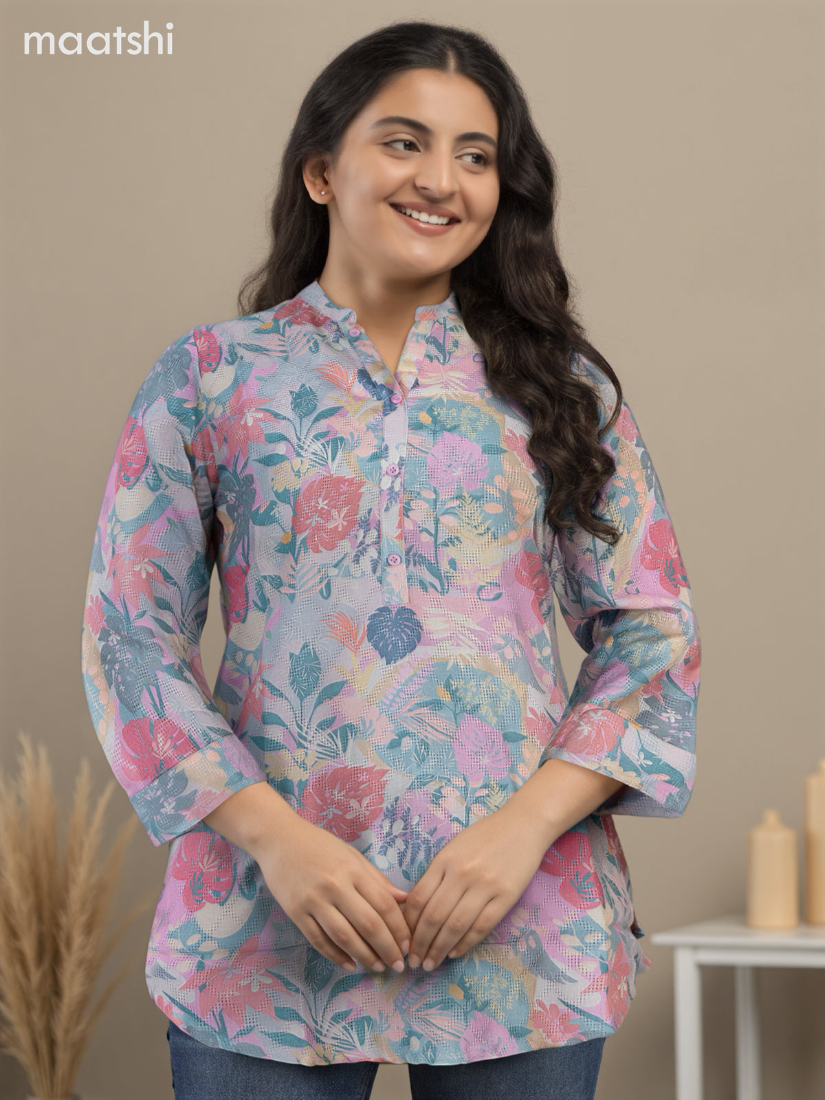 Cotton readymade short kurti grey with allover prints without pant