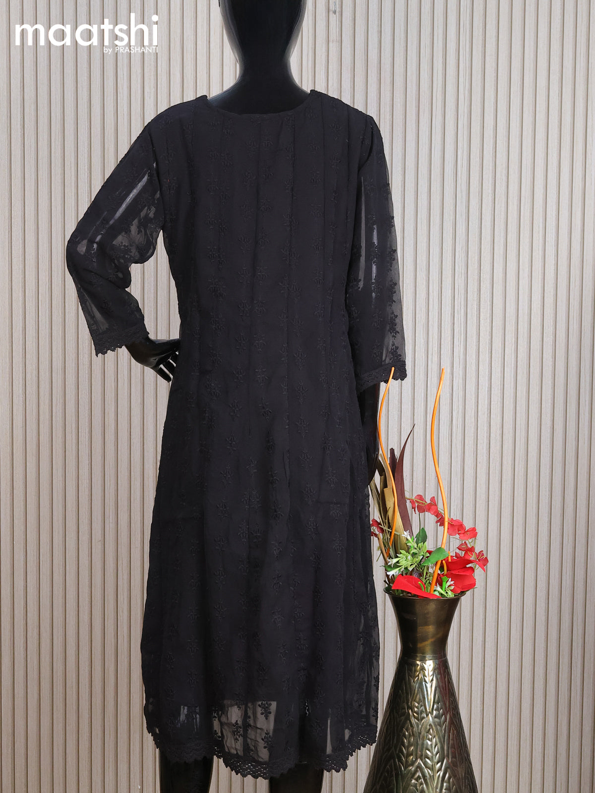 Georgette readymade anarkali kurti black with allover chikankari work without pant