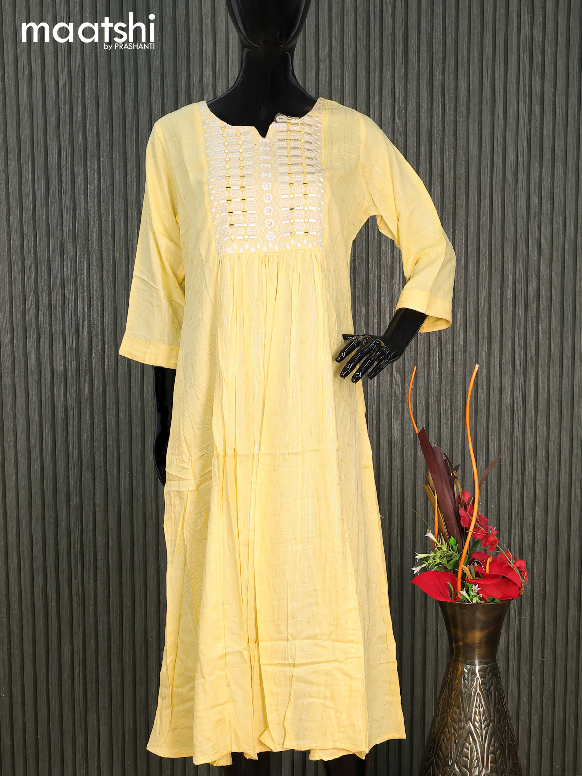 Cotton readymade umbrella kurti yellow with silver stripe weaves