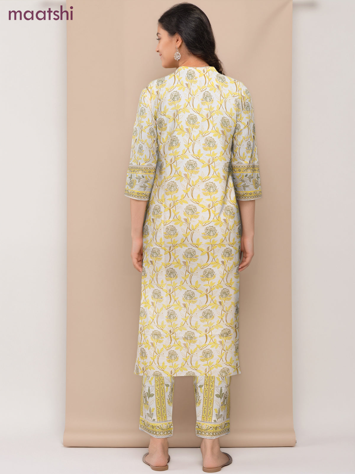 Cotton readymade salwar suit cream and yellow with allover floral prints & v neck pattern and straight cut pant & dupatta