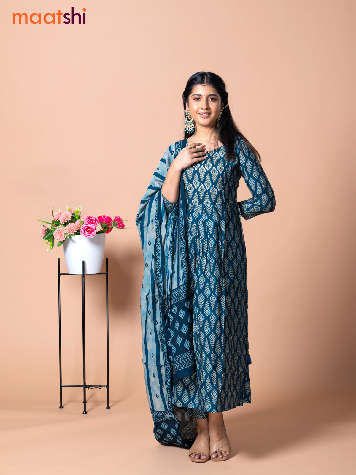 Muslin readymade naira cut salwar suit peacock blue with allover print Maatshi Muslin readymade naira cut salwar suit peacock blue with allover print Maatshi