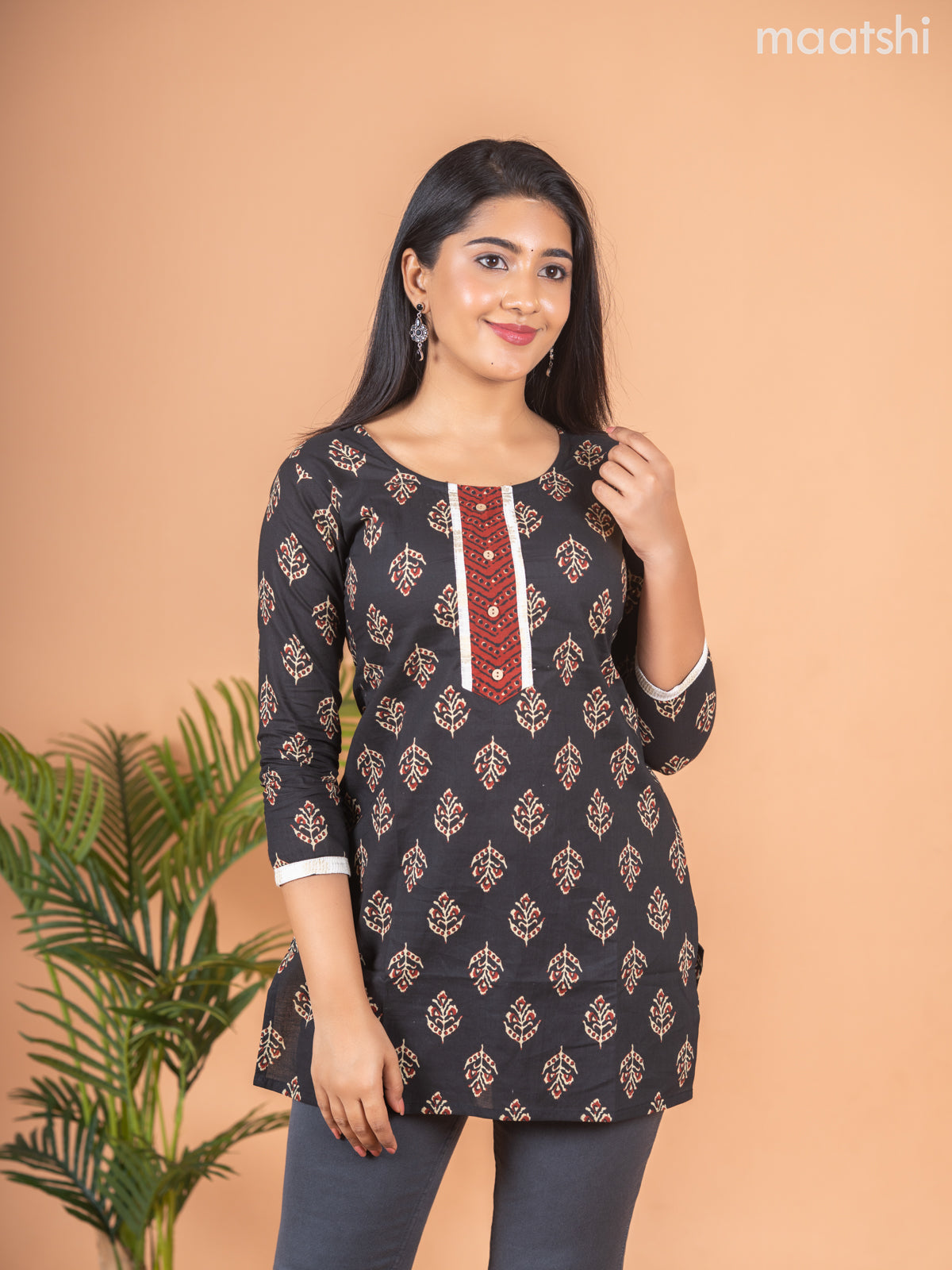 Cotton readymade short kurti black and maroon beige with allover butta prints & simple neck pattern without pant