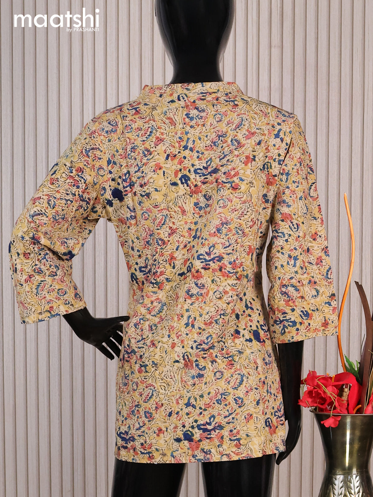 Cotton readymade short kurti beige and multi colour with allover kalamkari prints sequin work & simple neck pattern without pant