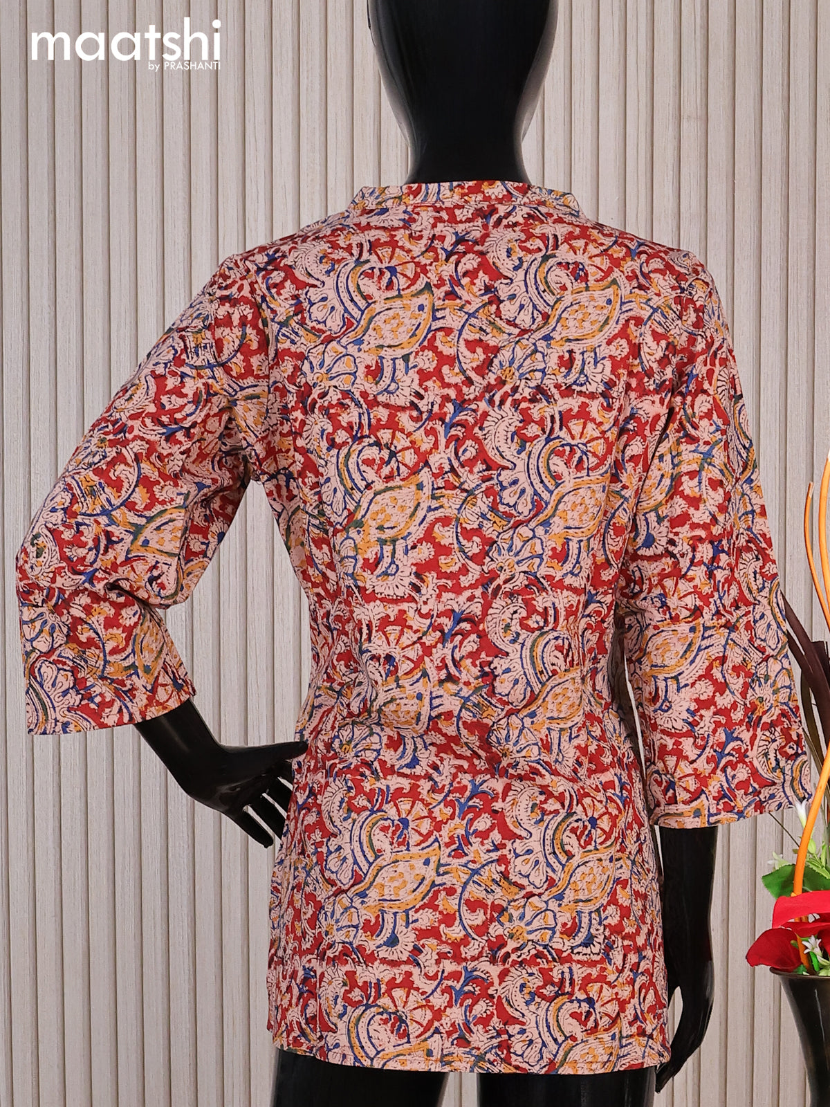 Cotton readymade short kurti maroon and multi colour with allover kalamkari prints sequin work & simple neck pattern without pant