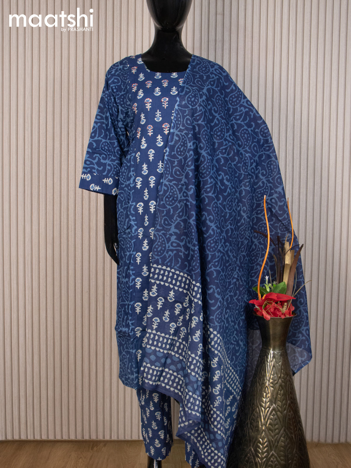 Cotton readymade salwar suit indigo blue with allover batik butta prints kantha stitch work neck and straight cut pant cotton dupatta