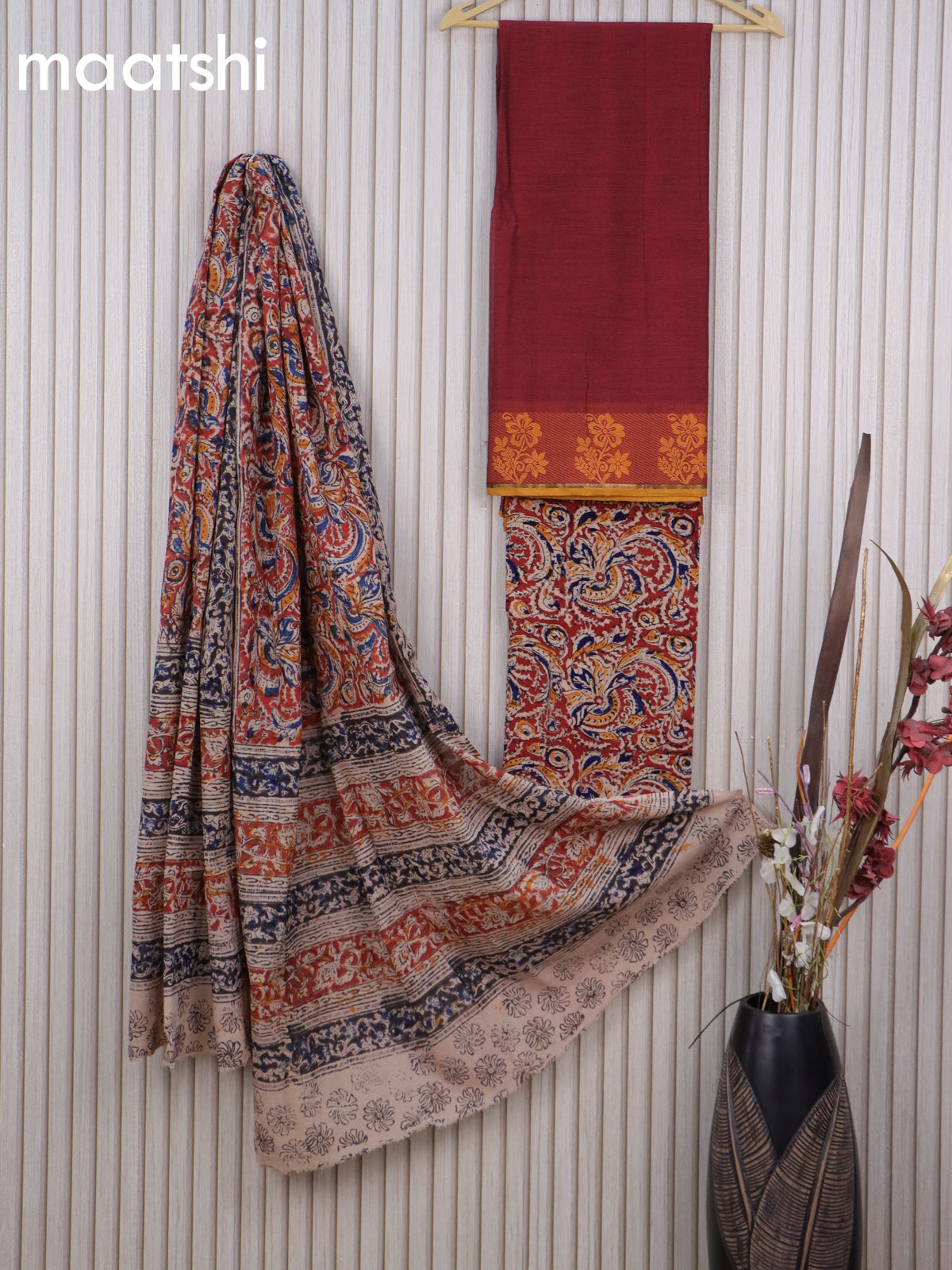 Cotton dress material maroon and red with plain body & thread woven border  and kalamkari bottom & dupatta